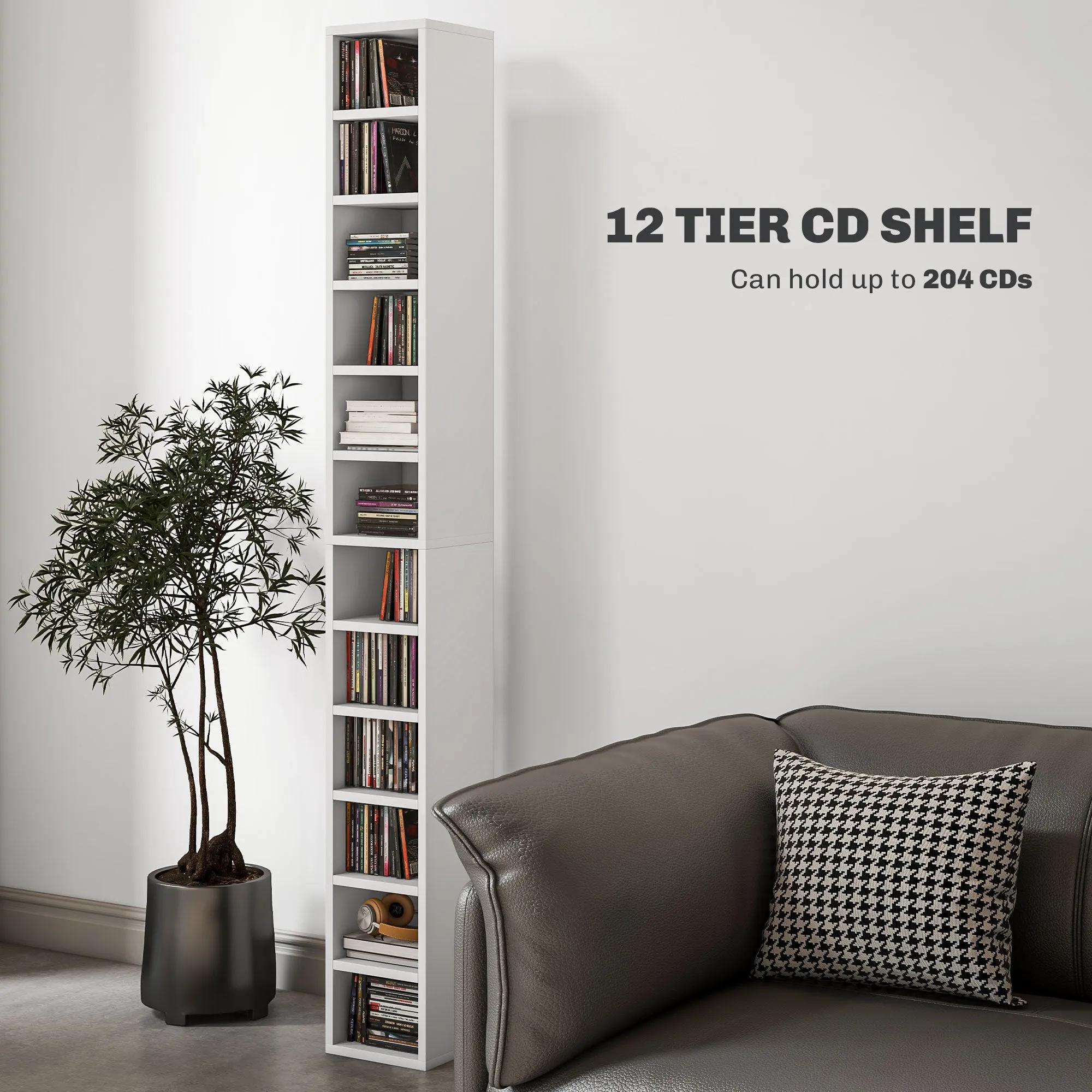 204 CD Storage Tower Tall Bookcase Bookshelf with 12 Cubes White