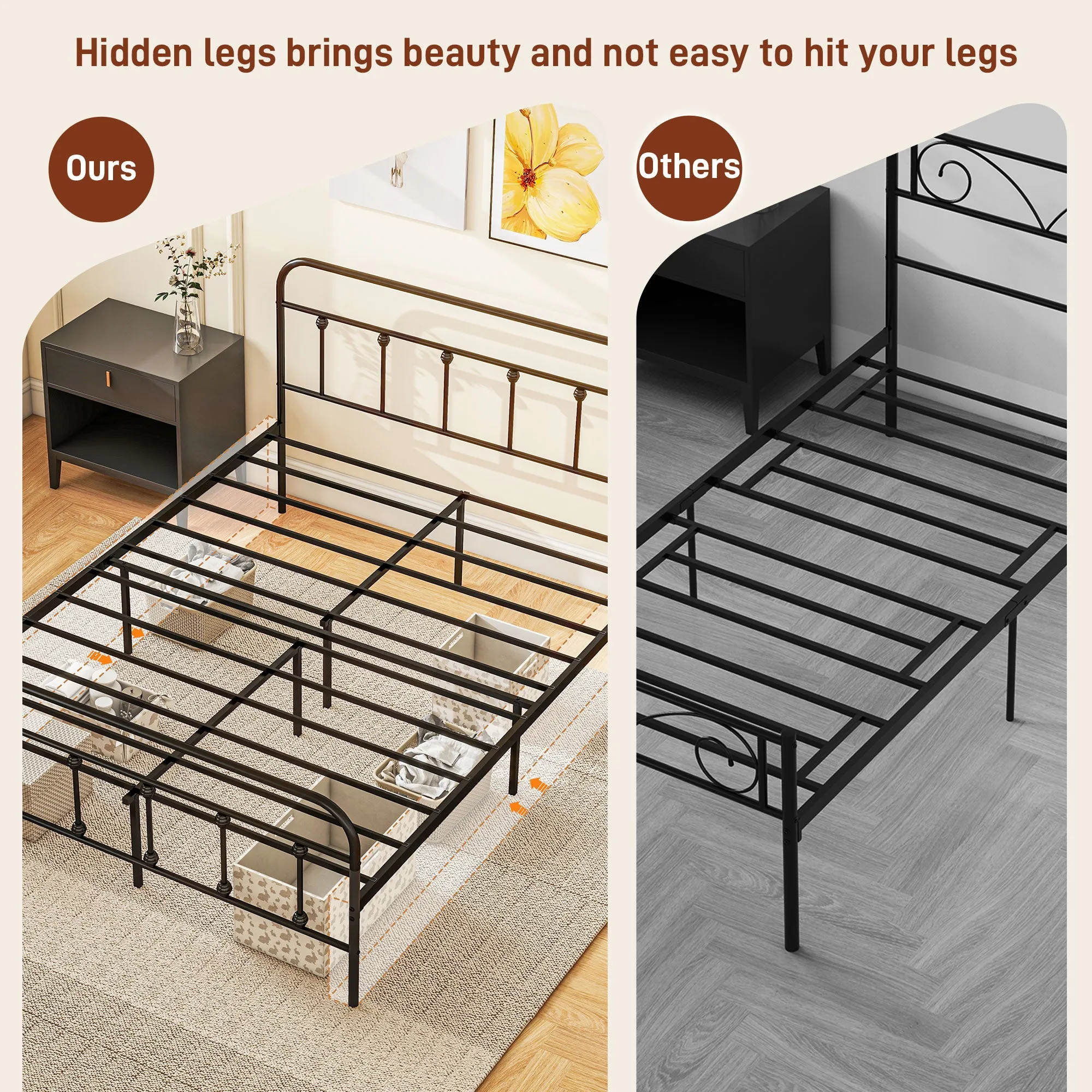 5ft Metal King Platform Bed Frame w/ Underbed Storage Headboard Black