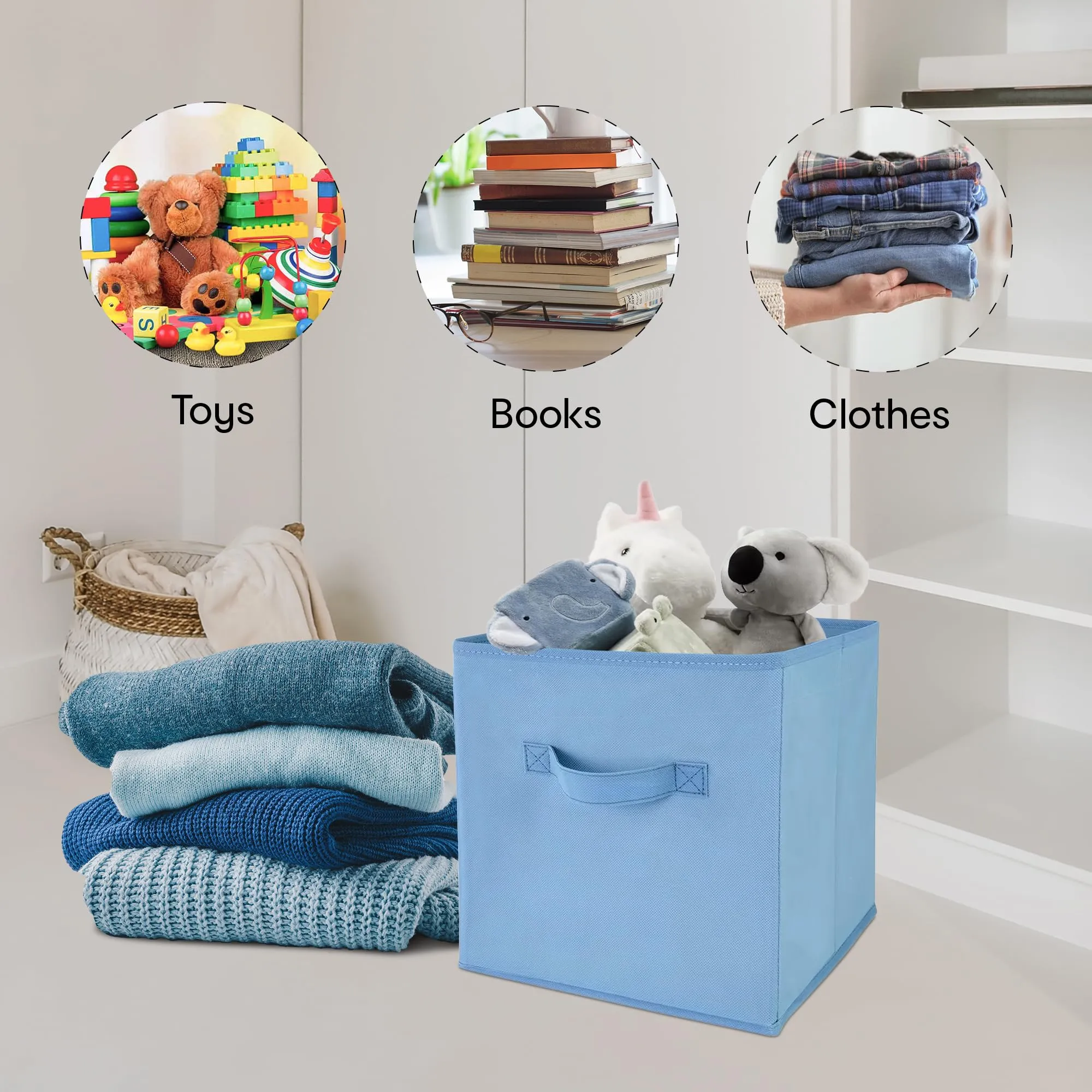 Anko Large Foldable Storage Cube In Set Of 6 |Organizer Basket | Ideal Collapsible Storage Cubes For Home Organiser Kids Toys Box And Wardrobe Clothes Stacker| Blue | 28.1cm L X 27.9cm W X 27.1cm H