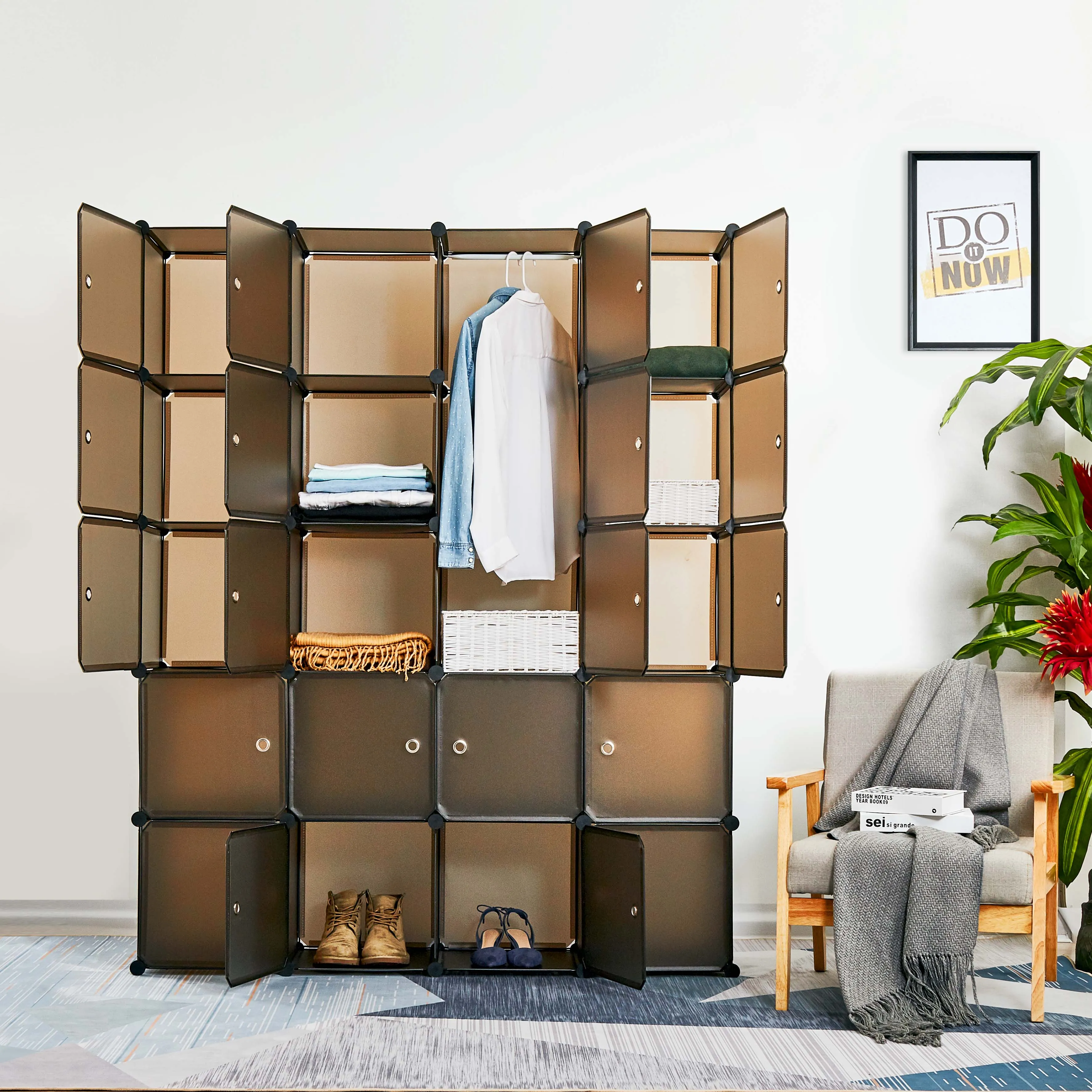 Bedroom PP Storage Wardrobe, 12 Cubes/20 Cubes, Coffee Color and Transparent