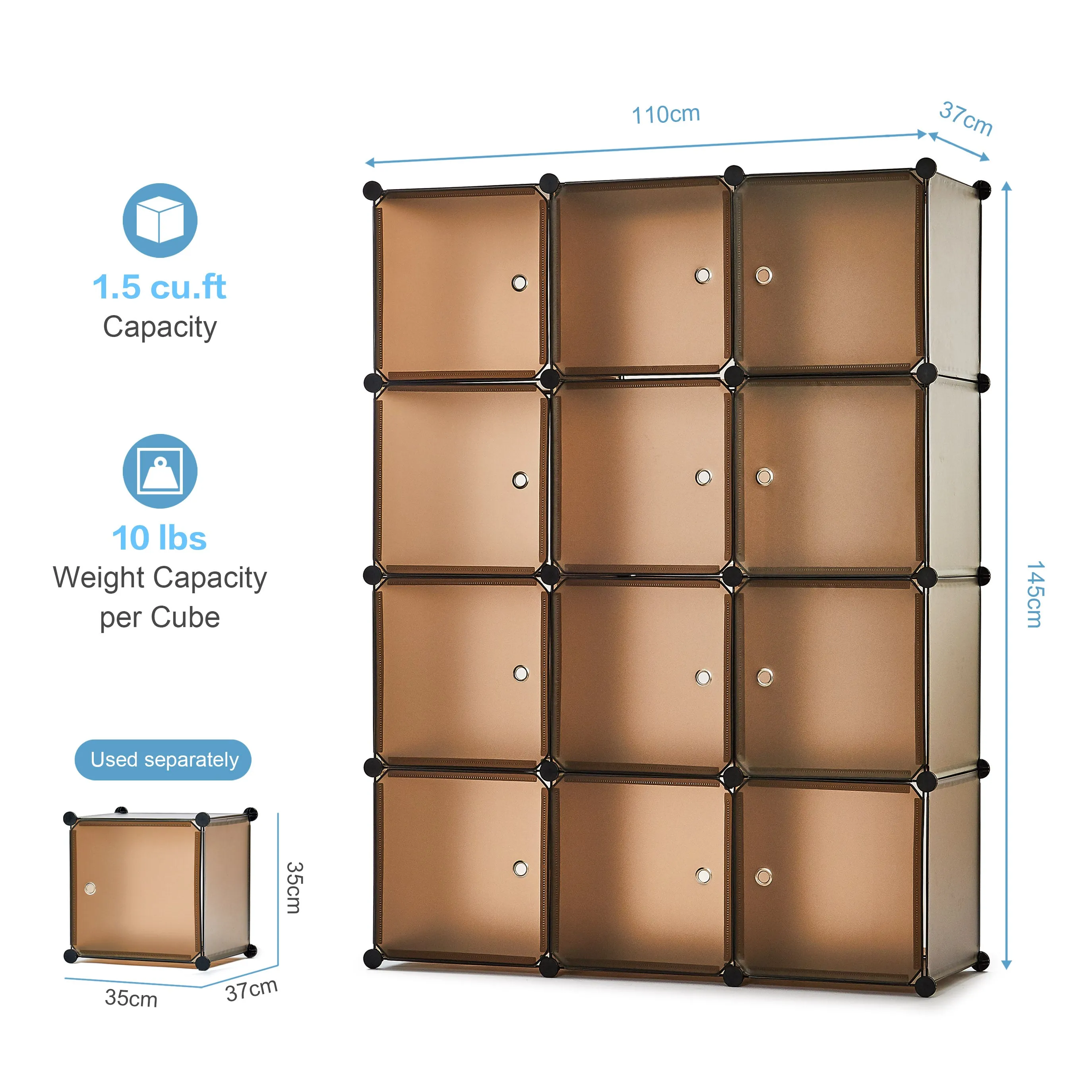 Bedroom PP Storage Wardrobe, 12 Cubes/20 Cubes, Coffee Color and Transparent