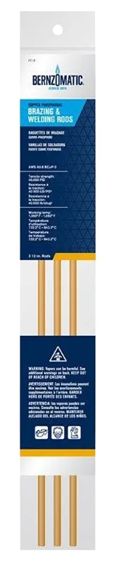 BernzOmatic PC3 Brazing and Welding Rods, 1/8 in Dia, 12 in L, Copper Phosphorous :PK 3: QUANTITY: 1