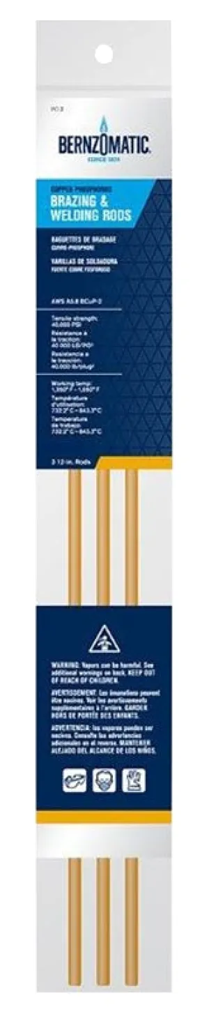 BernzOmatic PC3 Brazing and Welding Rods, 1/8 in Dia, 12 in L, Copper Phosphorous :PK 3: QUANTITY: 1