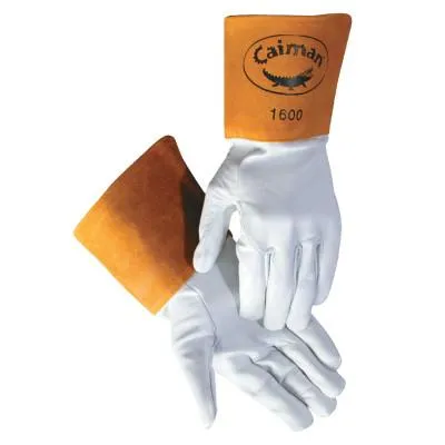 Caiman Kidskin Gloves, Goat Leather/Cowhide, Medium, Pearl/Tan, 1600-M