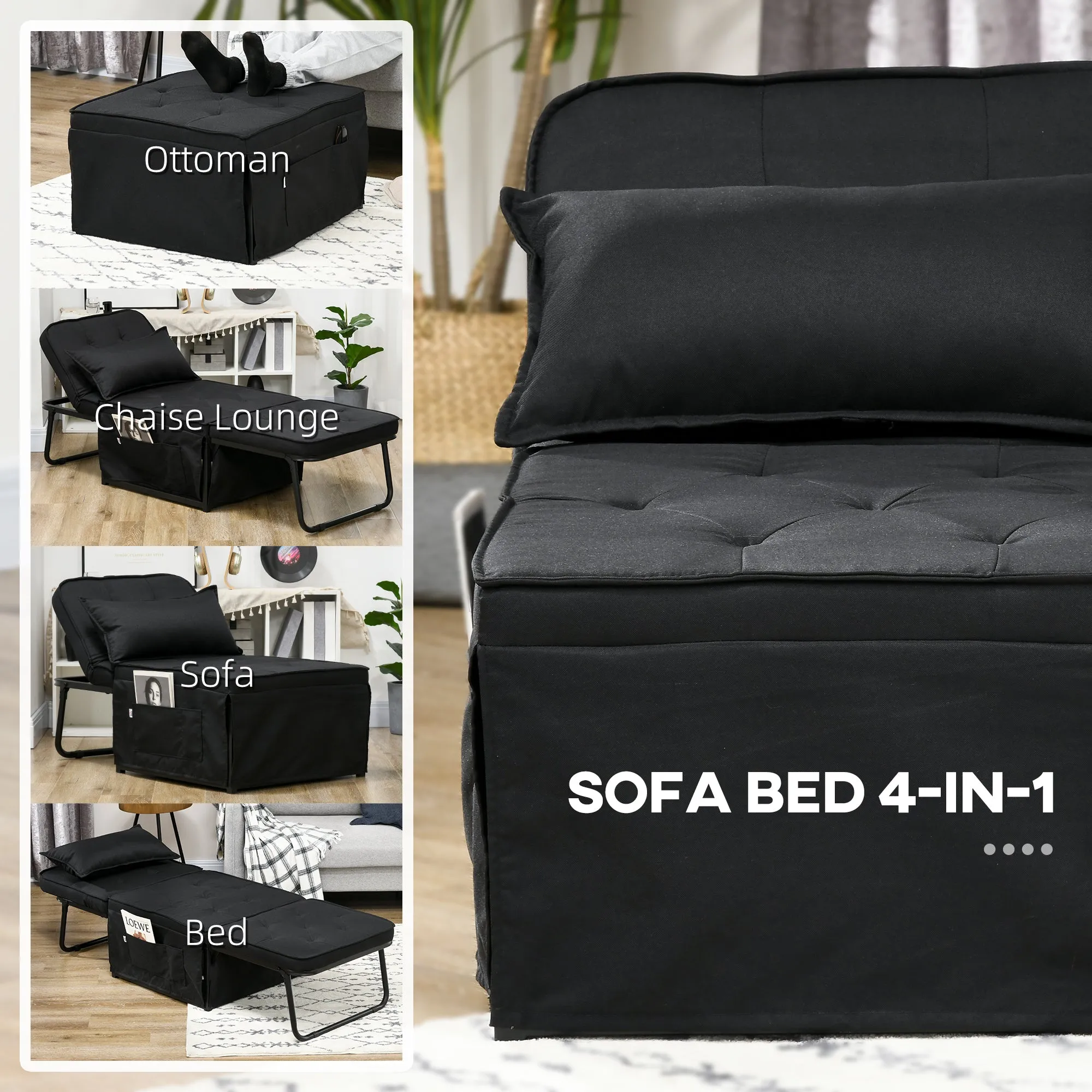 Folding Sleeper Chair Bed with Pillow and Side Pockets, Black