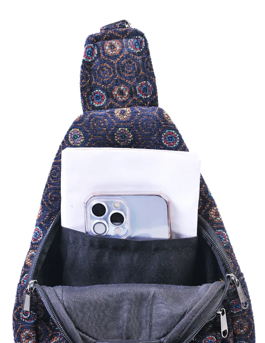 Hippie Boho Cotton Poly Bohemian Sling Bag Backpack Black Mandala