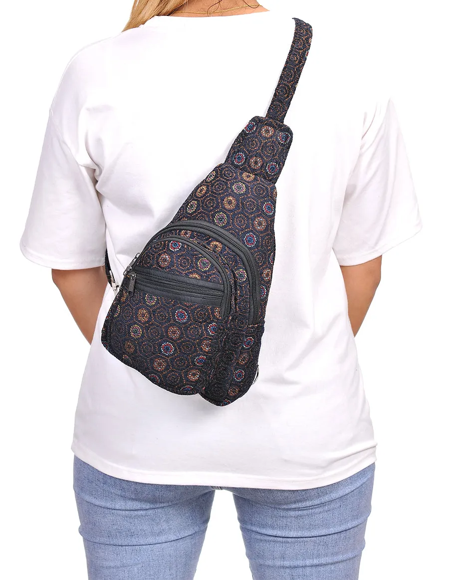 Hippie Boho Cotton Poly Bohemian Sling Bag Backpack Black Mandala