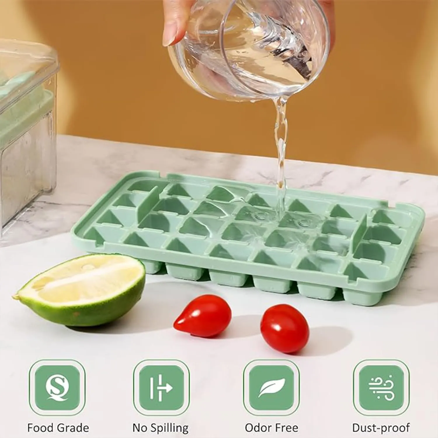 Homestic 2 Layer Ice Cube Tray with Lid | Ice Cube Storage Box with Ice Scoop | 56 Ice Cube Molds for Freezing | One-Press Demolding | BPA Free | Green