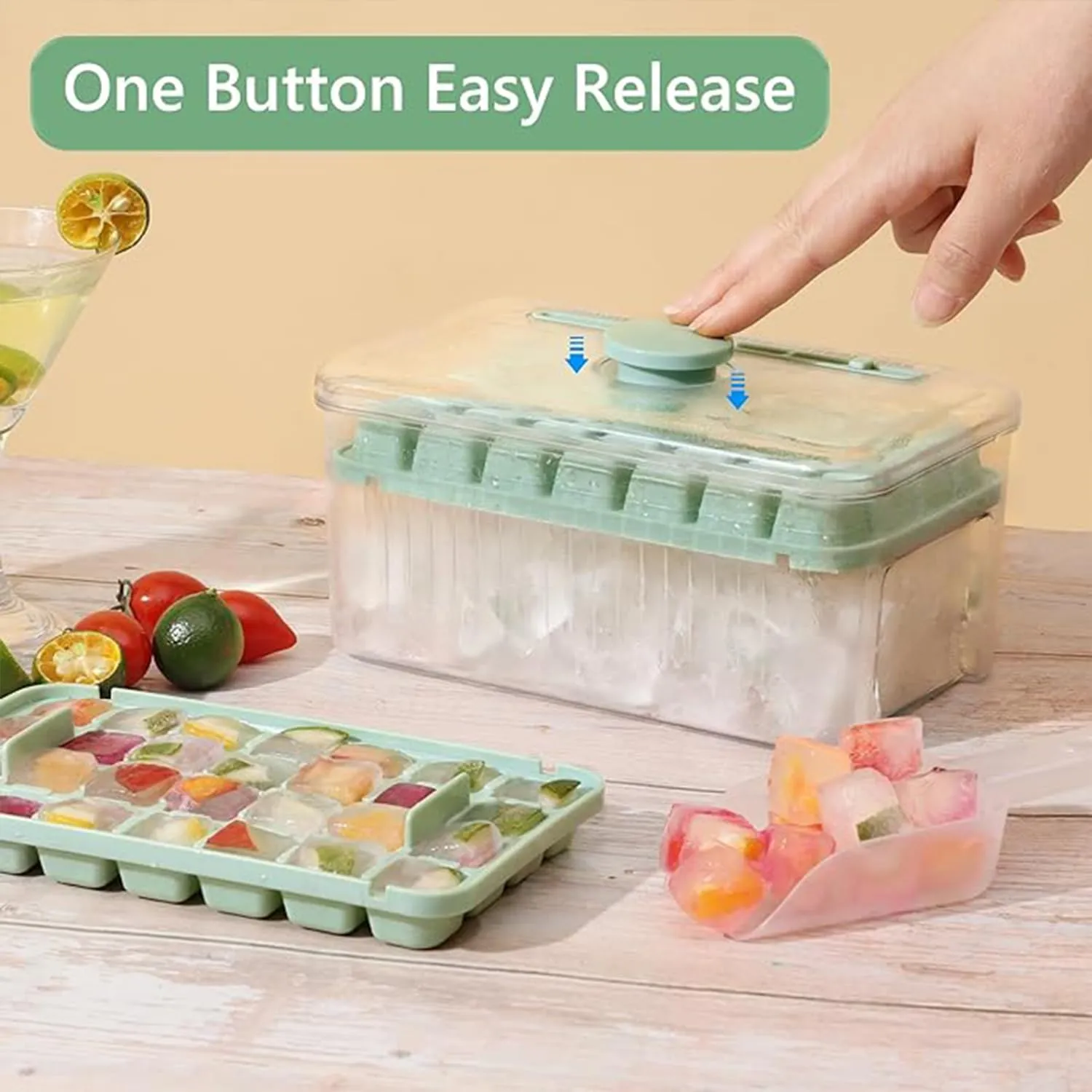 Homestic 2 Layer Ice Cube Tray with Lid | Ice Cube Storage Box with Ice Scoop | 56 Ice Cube Molds for Freezing | One-Press Demolding | BPA Free | Green