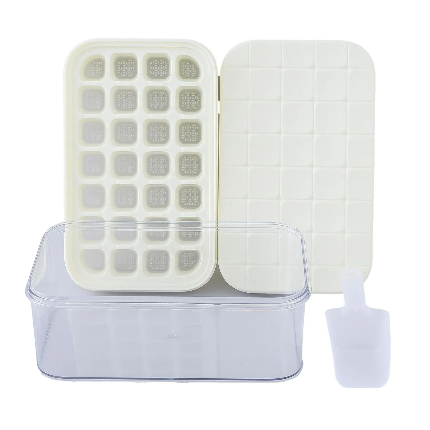 Homestic 2 Layer Ice Cube Trays with Storage Box & Ice Scoop | 56 Compartments | One Press Demolding | Ice Cubes for Whiskey Cocktails Mocktails Soft Drinks | BPA Free | White