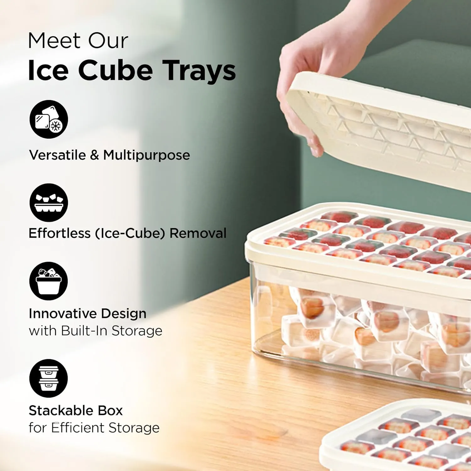 Homestic 2 Layer Ice Cube Trays with Storage Box & Ice Scoop | 56 Compartments | One Press Demolding | Ice Cubes for Whiskey Cocktails Mocktails Soft Drinks | BPA Free | White