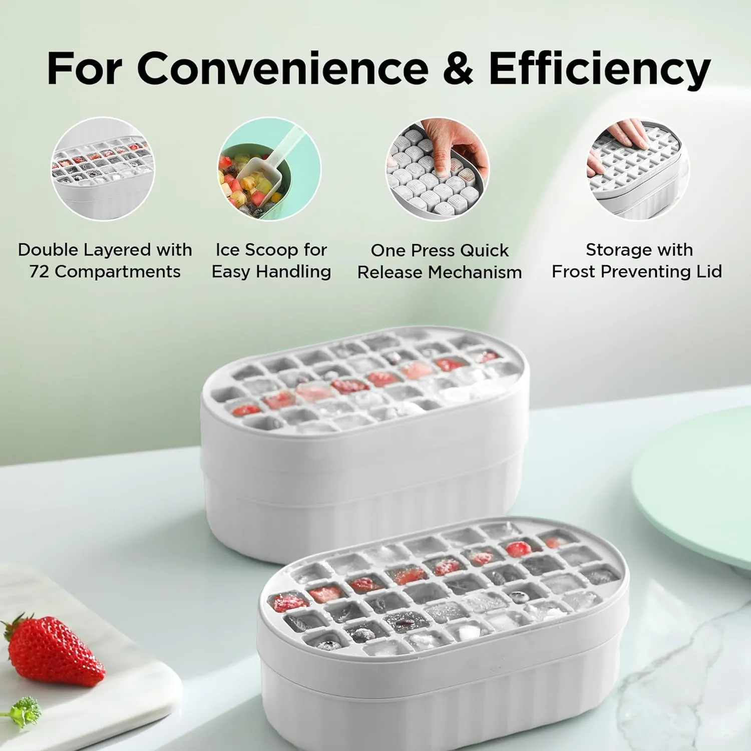 Homestic 2 Layer Ice Cube Trays with Storage Box & Ice Scoop | 72 Compartments | One Press Demolding | Ice Cubes for Whiskey Cocktails Mocktails Soft Drinks | BPA Free | Gray