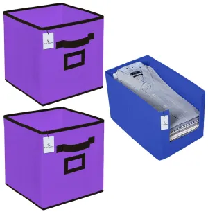 Kuber Industries Non Woven 1 Piece Shirt Stacker Wardrobe Organizer and 2 Piece Small Foldable Storage Organiser Cubes/Boxes (Purple) -CTKTC038345