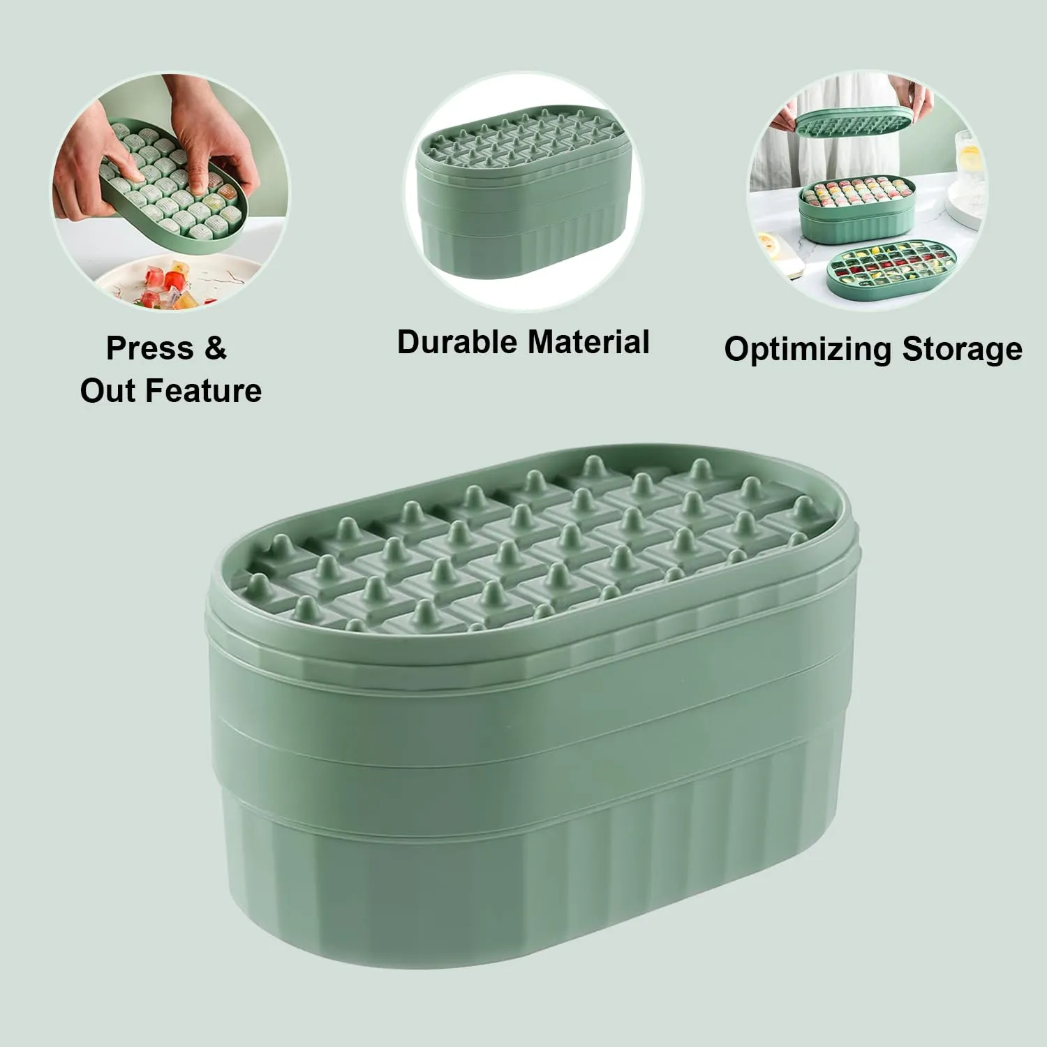 Kuber Industries Pack of 4| 2 Layer Ice Cube Tray with Lid | Ice Cube Storage Box with Ice Scoop | 72 Ice Cube Molds for Freezing | One-Press Demolding | BPA Free | Green