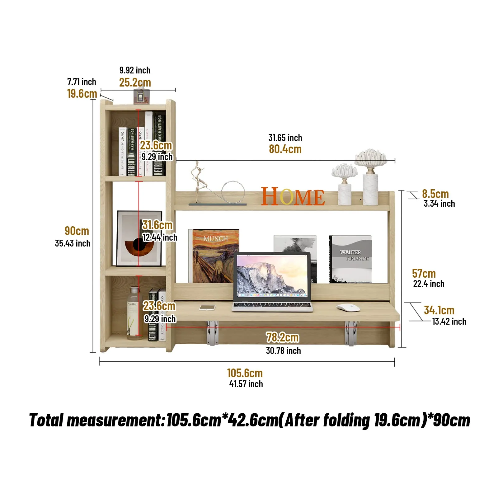 Oak Wall Mounted Fold Down Desk with Storage Shelf, 41.57"W 35.43"H