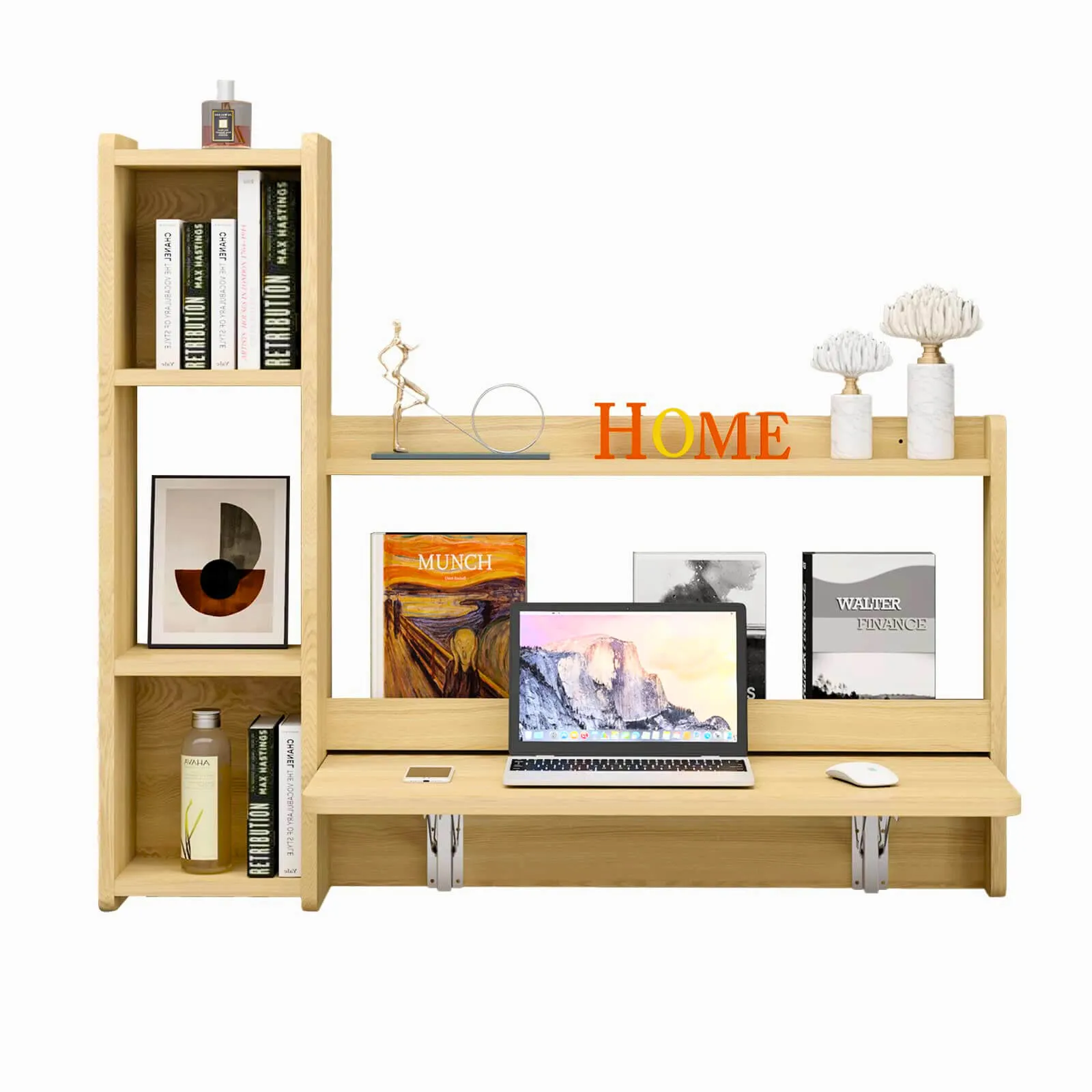 Oak Wall Mounted Fold Down Desk with Storage Shelf, 41.57"W 35.43"H