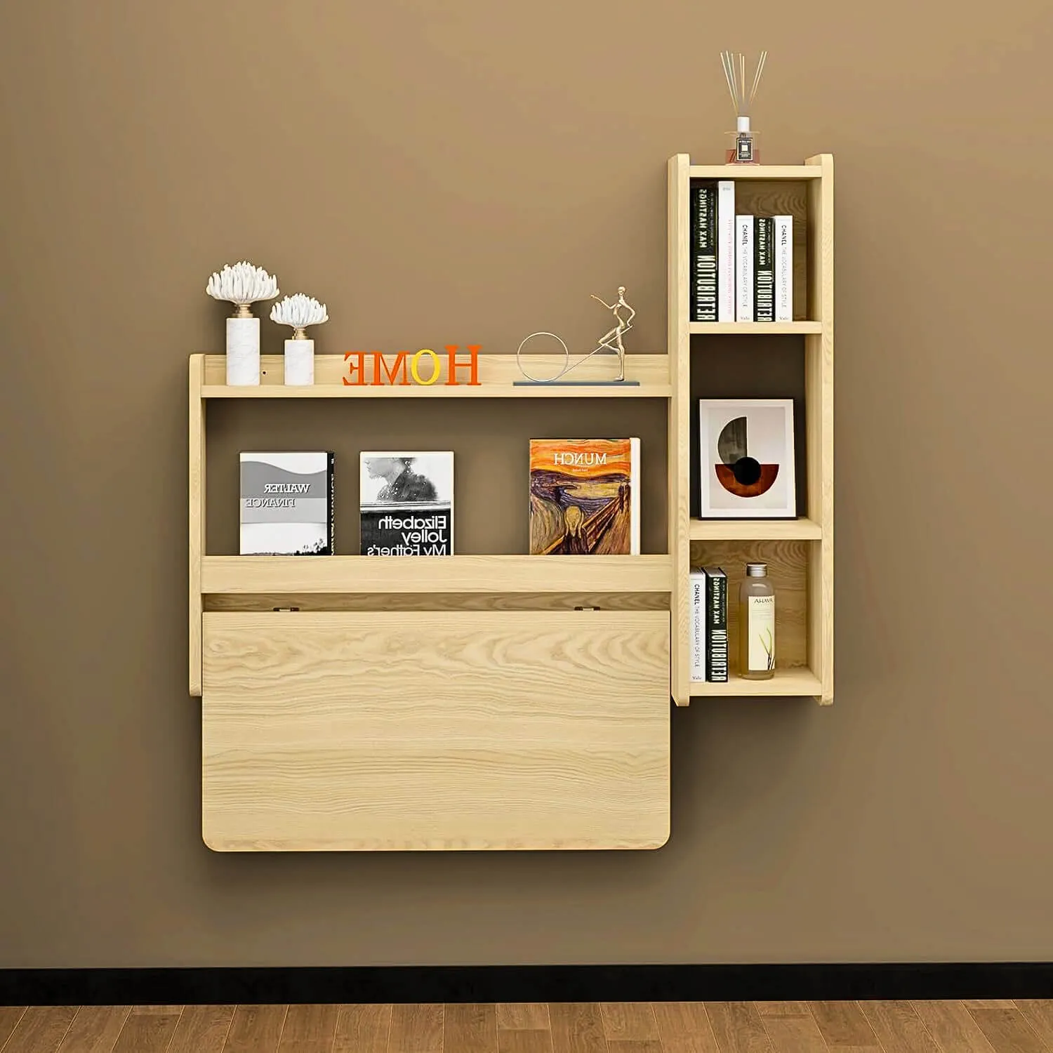 Oak Wall Mounted Fold Down Desk with Storage Shelf, 41.57"W 35.43"H