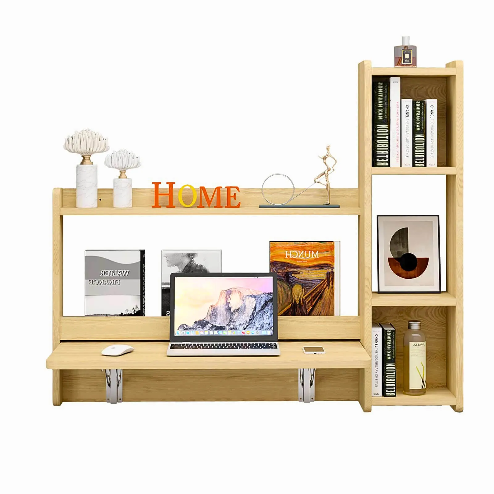 Oak Wall Mounted Fold Down Desk with Storage Shelf, 41.57"W 35.43"H