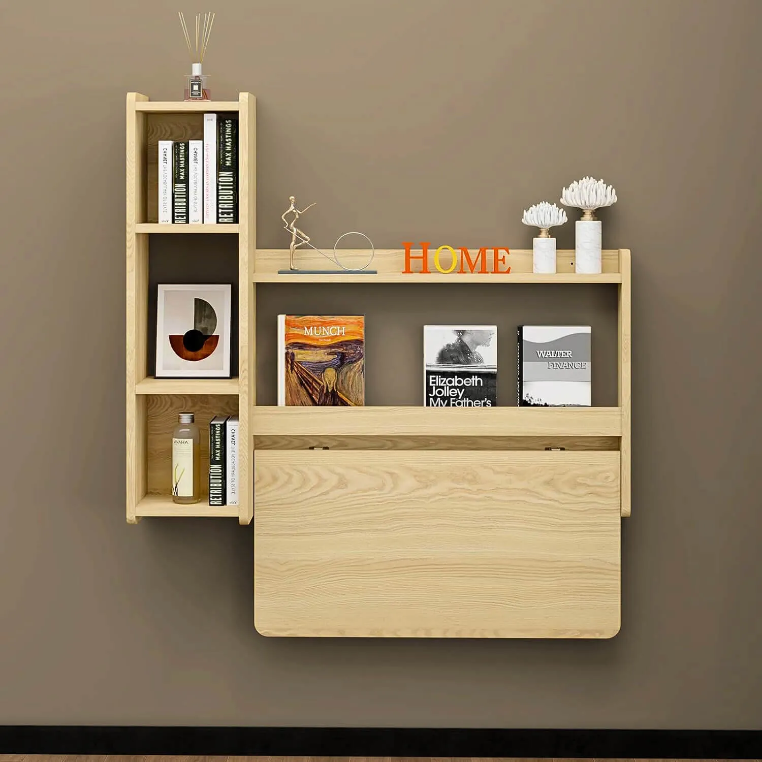 Oak Wall Mounted Fold Down Desk with Storage Shelf, 41.57"W 35.43"H