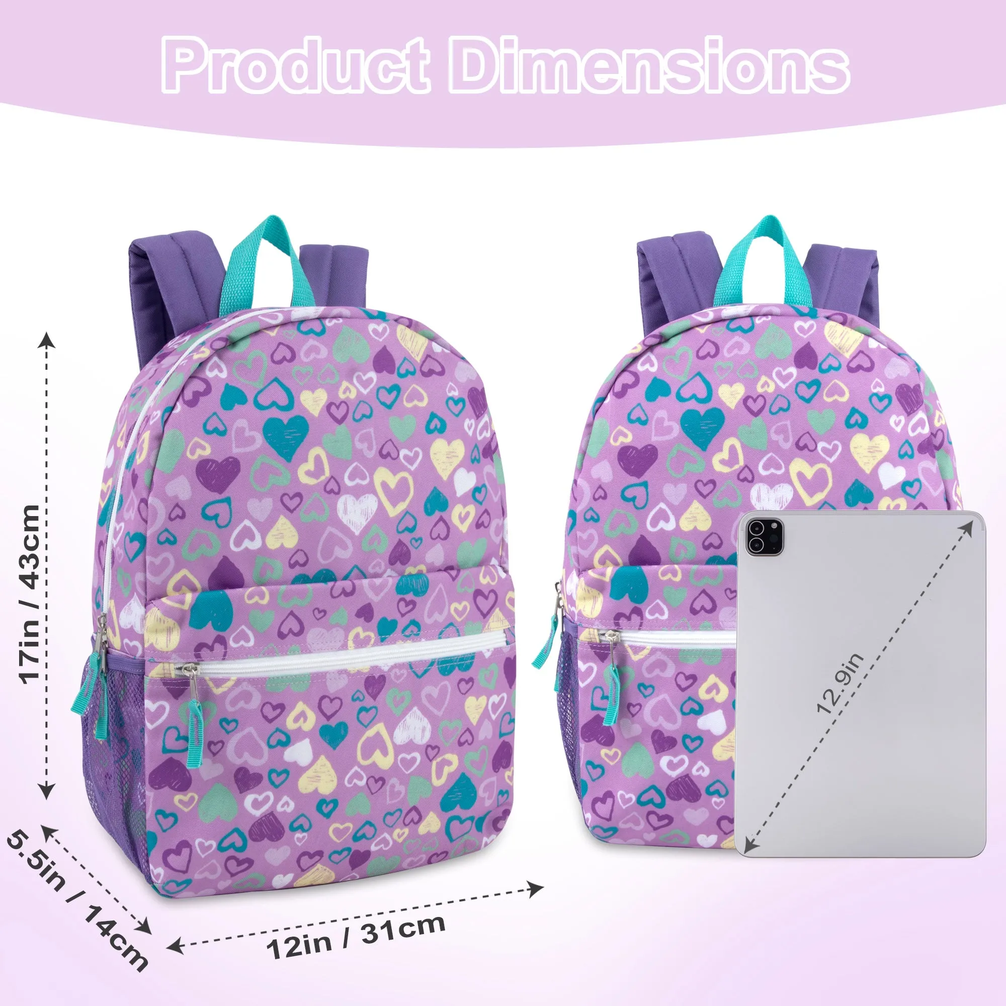 Printed Girls Backpack School Bag 43cm/20L Capacity With Side Mesh Pockets- 4 Styles