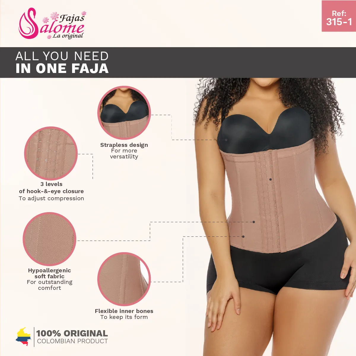 Salome 315-1-CCB | Tummy Control Waist Trainer Fajas Colombianas with Hooks