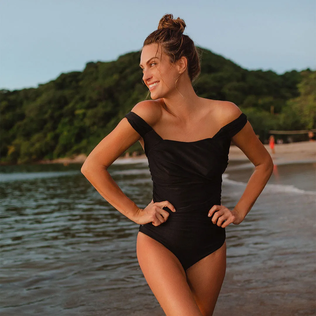 Shiny Black Off Shoulder One-Piece