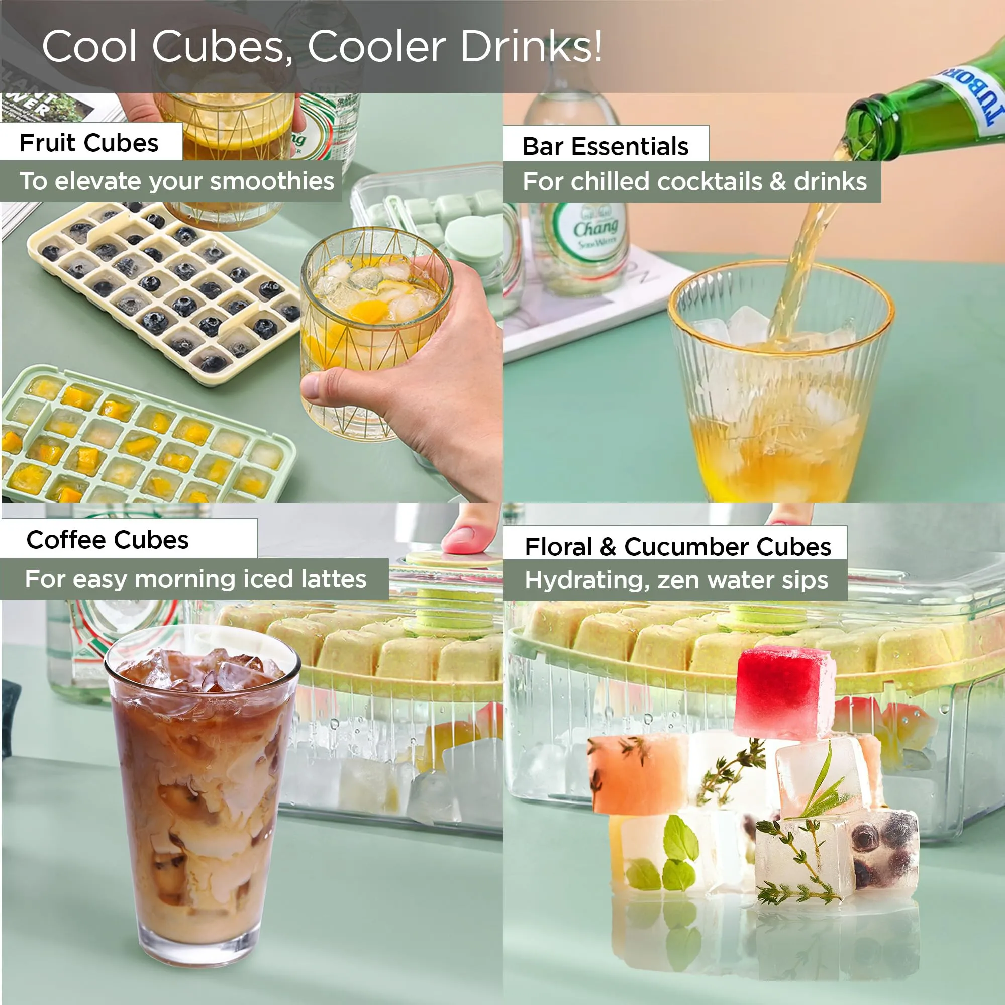 UMAI 2 Layer Ice Cube Trays with Storage Box & Ice Scoop | 56 Compartments | One Press Demolding | Ice Cubes for Whiskey Cocktails Mocktails Soft Drinks | BPA Free | Beige