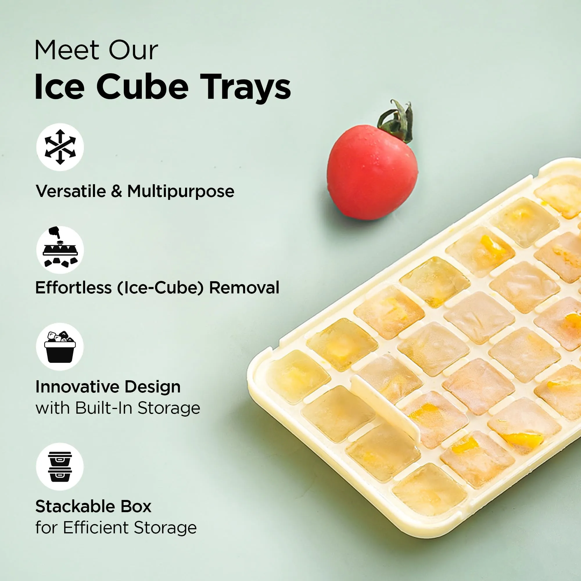 UMAI 2 Layer Ice Cube Trays with Storage Box & Ice Scoop | 56 Compartments | One Press Demolding | Ice Cubes for Whiskey Cocktails Mocktails Soft Drinks | BPA Free | Beige