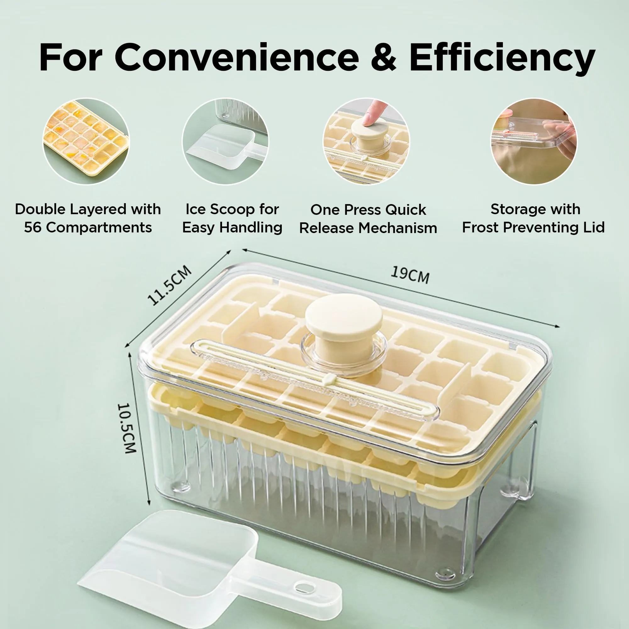 UMAI 2 Layer Ice Cube Trays with Storage Box & Ice Scoop | 56 Compartments | One Press Demolding | Ice Cubes for Whiskey Cocktails Mocktails Soft Drinks | BPA Free | Beige