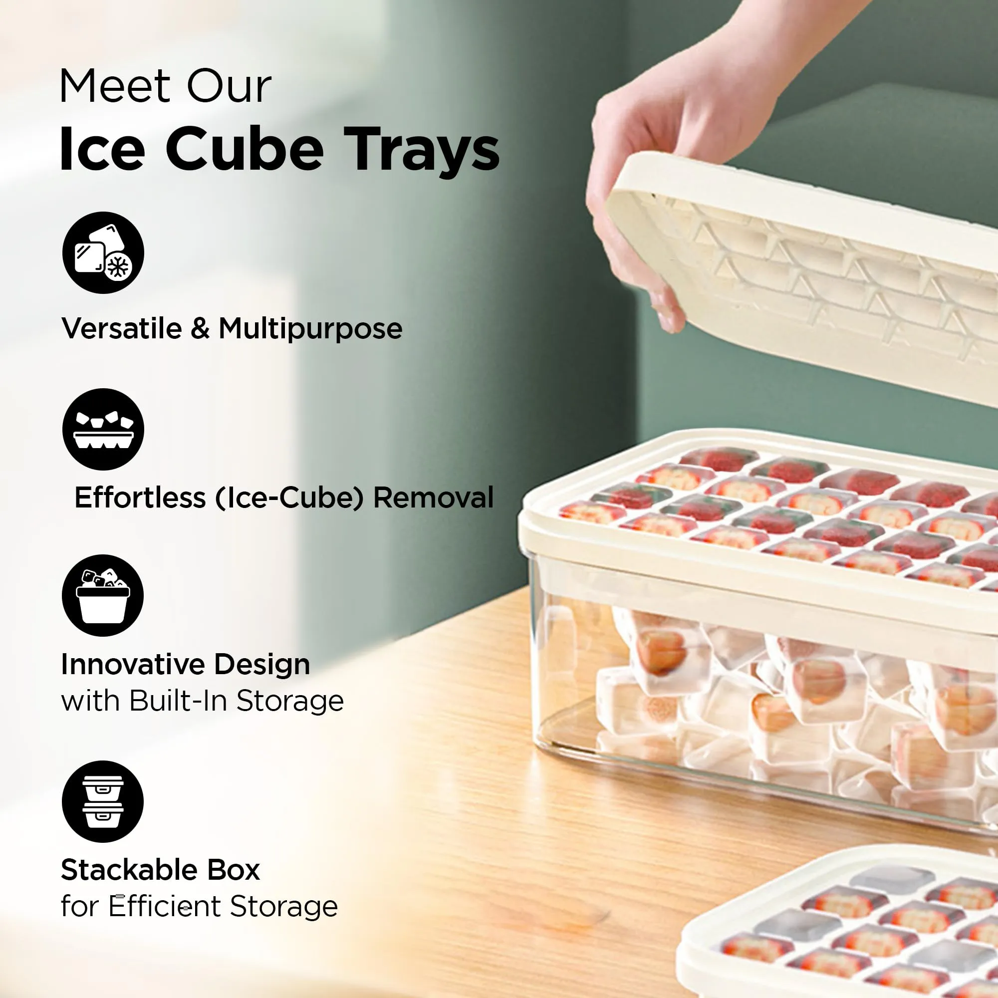 UMAI 2 Layer Ice Cube Trays with Storage Box & Ice Scoop | 56 Compartments | One Press Demolding | Ice Cubes for Whiskey Cocktails Mocktails Soft Drinks | BPA Free | White