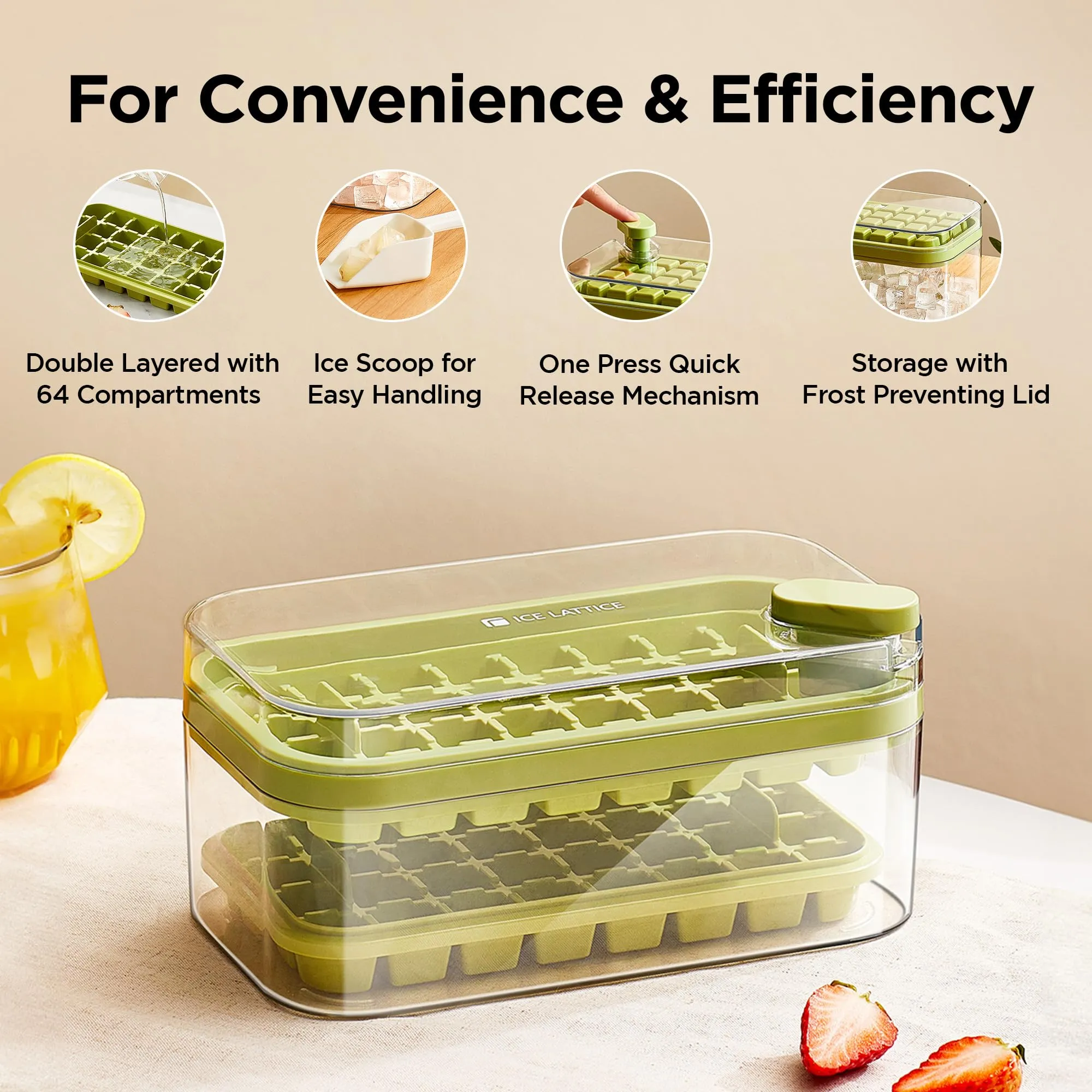 UMAI 2 Layer Ice Cube Trays with Storage Box & Ice Scoop | 64 Compartments | One Press Demolding | Ice Cubes for Whiskey Cocktails Mocktails Soft Drinks | BPA Free (Green)