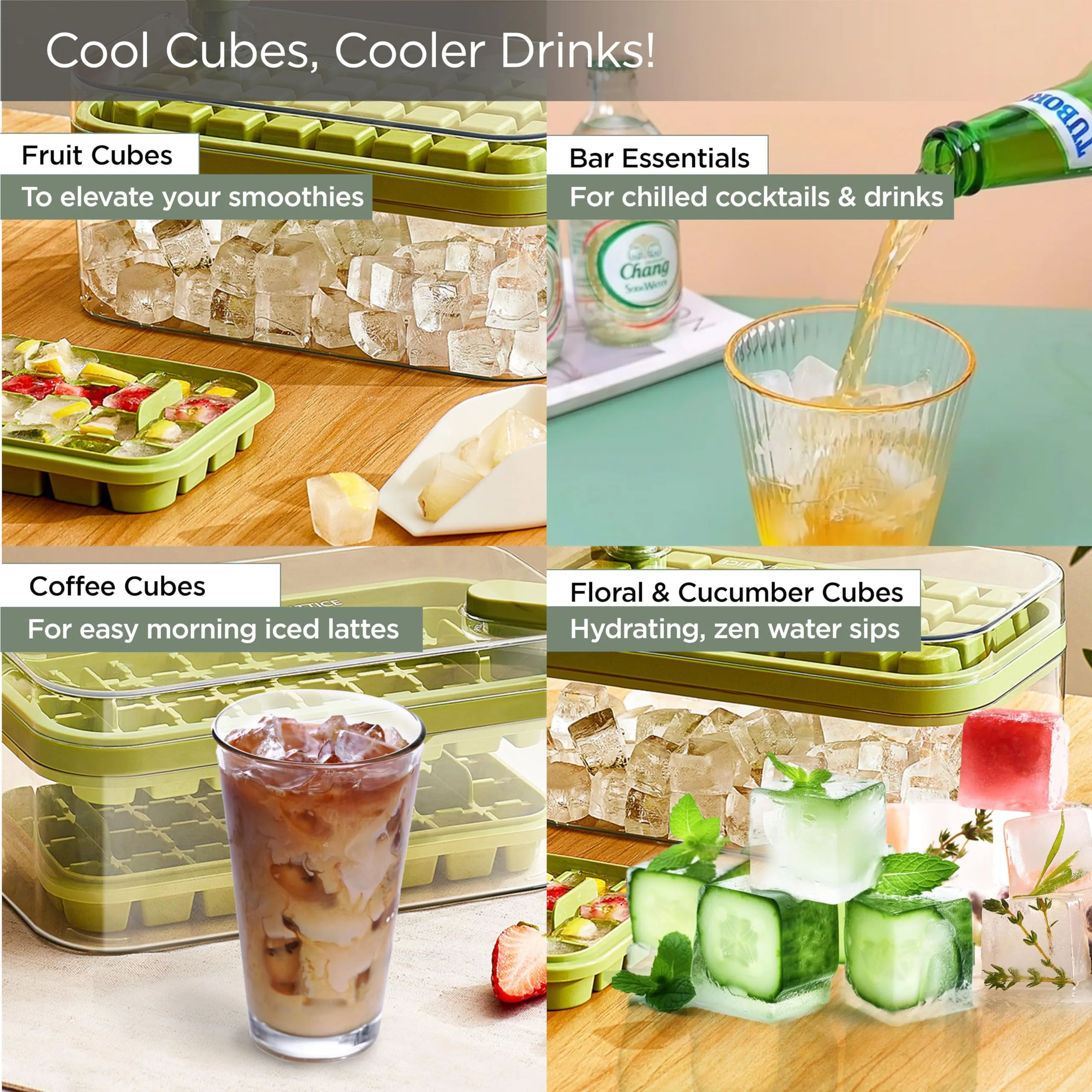 UMAI 2 Layer Ice Cube Trays with Storage Box & Ice Scoop | 64 Compartments | One Press Demolding | Ice Cubes for Whiskey Cocktails Mocktails Soft Drinks | BPA Free (Green)