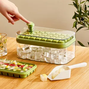 UMAI 2 Layer Ice Cube Trays with Storage Box & Ice Scoop | 64 Compartments | One Press Demolding | Ice Cubes for Whiskey Cocktails Mocktails Soft Drinks | BPA Free (Green)