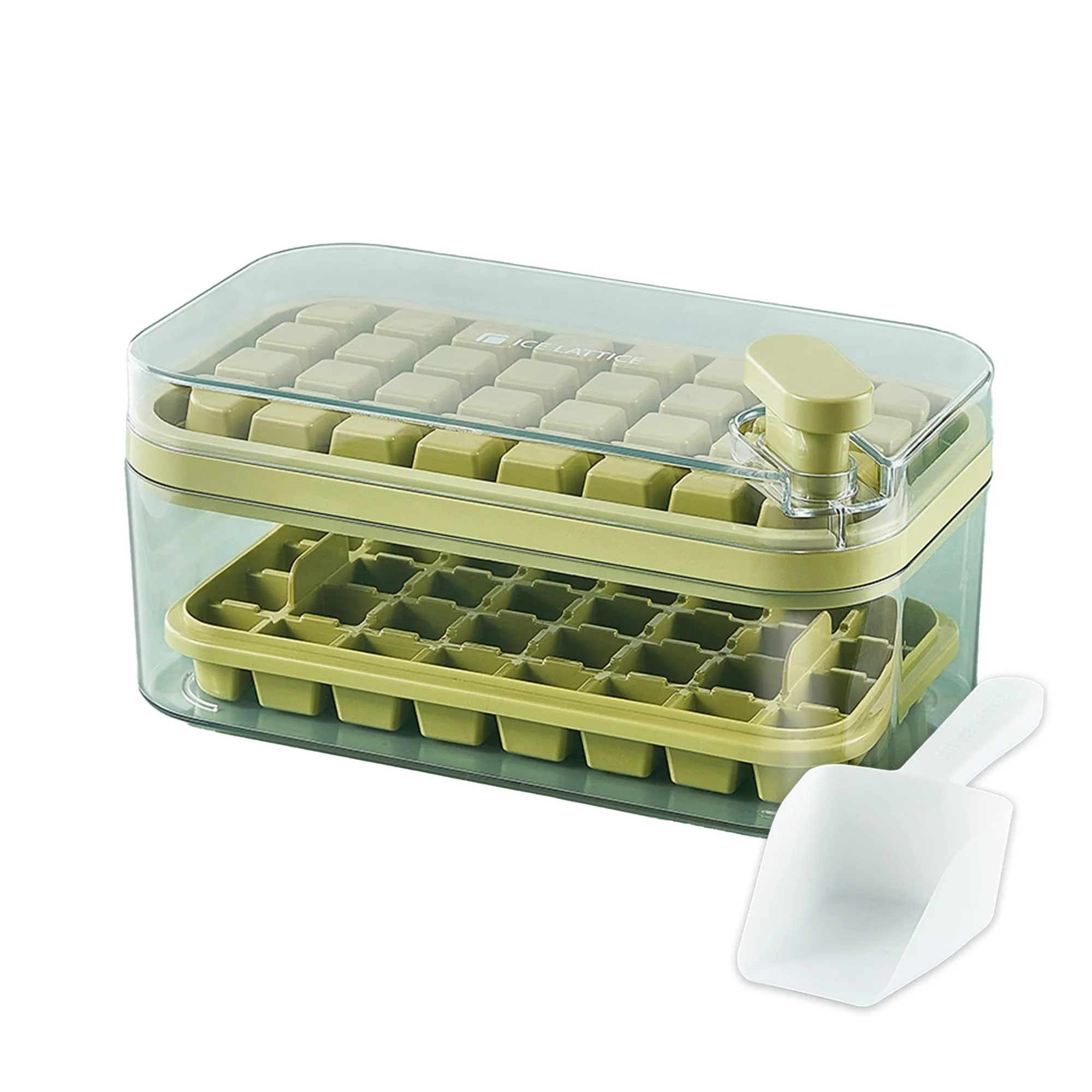 UMAI 2 Layer Ice Cube Trays with Storage Box & Ice Scoop | 64 Compartments | One Press Demolding | Ice Cubes for Whiskey Cocktails Mocktails Soft Drinks | BPA Free (Green)